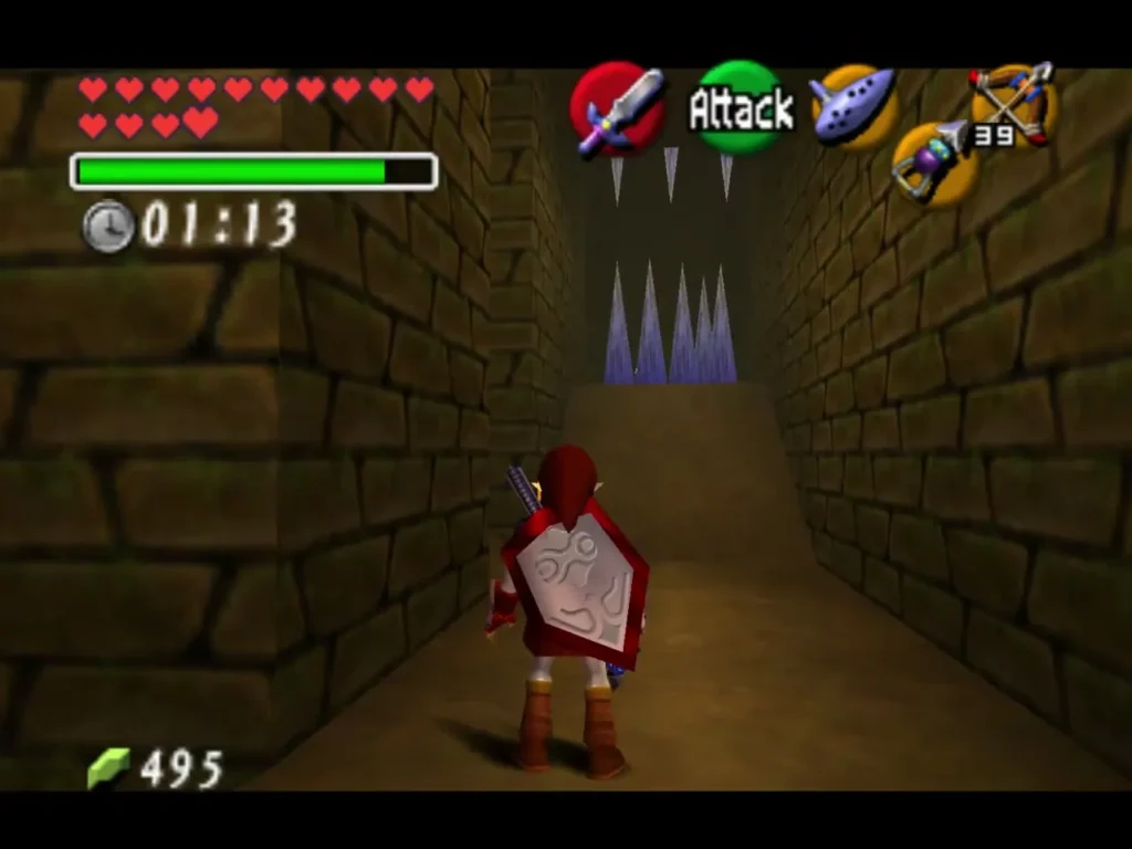 Link facing icicle spikes at the end of a brick corridor in the silver rupee puzzle Link facing icicle spikes at the end of a brick corridor in the silver rupee puzzle