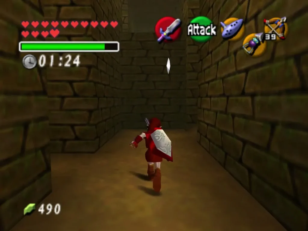 Link walking a brick corridor toward a silver rupee with the puzzle timer running Link walking a brick corridor toward a silver rupee with the puzzle timer running