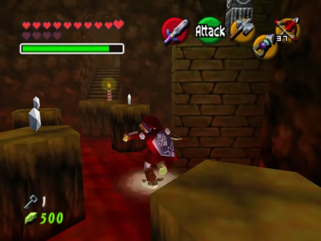 Link on a stump beside a silver rupee in the lava room Link on a stump beside a silver rupee in the lava room