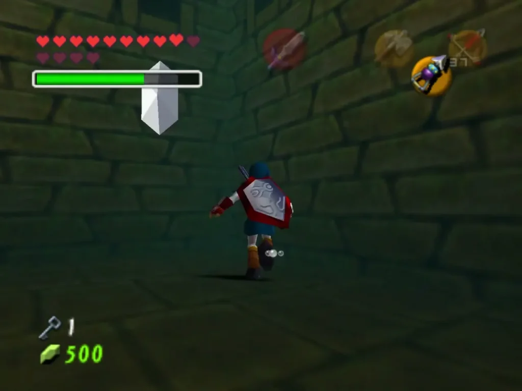 A silver rupee floating above Link as he swims in the flooded room A silver rupee floating above Link as he swims in the flooded room