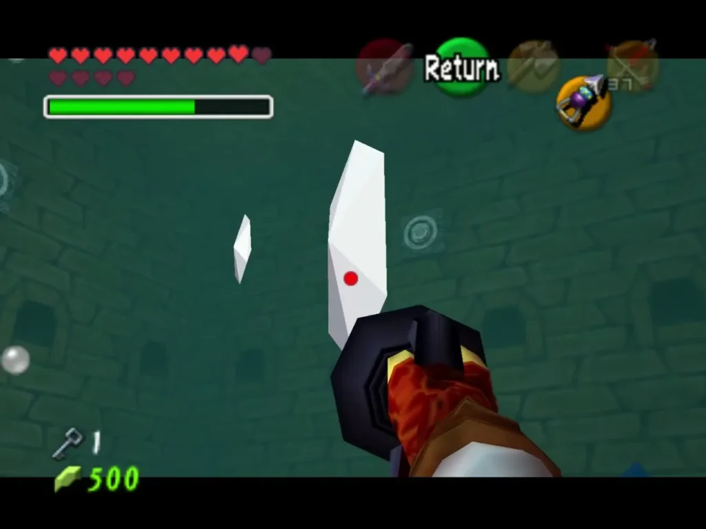 A large silver rupee in front of Link inside the flooded room A large silver rupee in front of Link inside the flooded room
