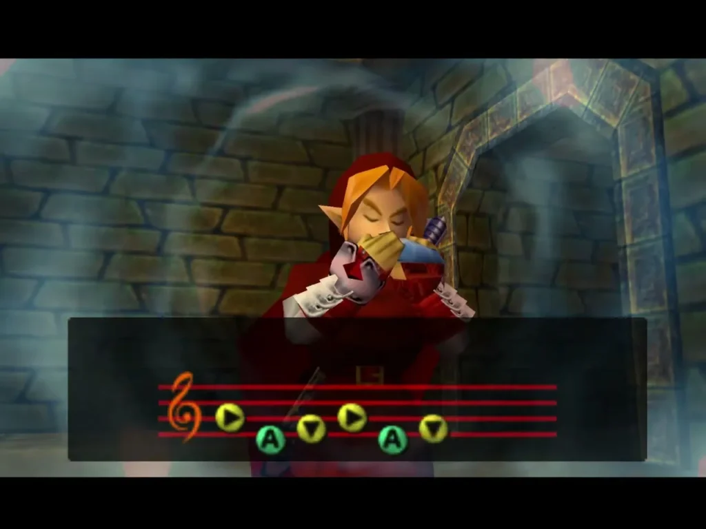 Link playing the Song of Time on his ocarina in a stone hall Link playing the Song of Time on his ocarina in a stone hall