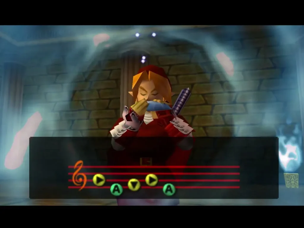Link playing the Song of Time on his ocarina with its notes on screen Link playing the Song of Time on his ocarina with its notes on screen