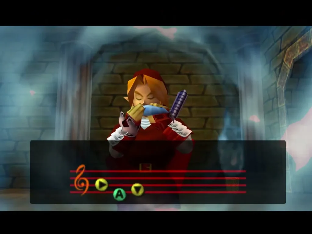 Link playing the Song of Time on the ocarina in a hall beside a blue flame Link playing the Song of Time on the ocarina in a hall beside a blue flame