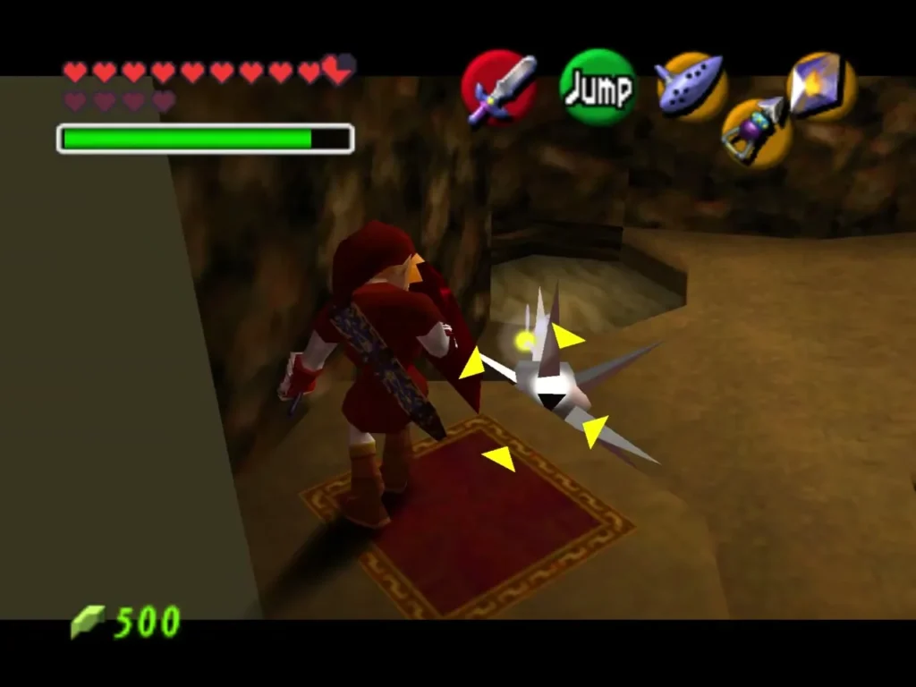 Link facing a spiked enemy in the pit room beside a red carpet Link facing a spiked enemy in the pit room beside a red carpet