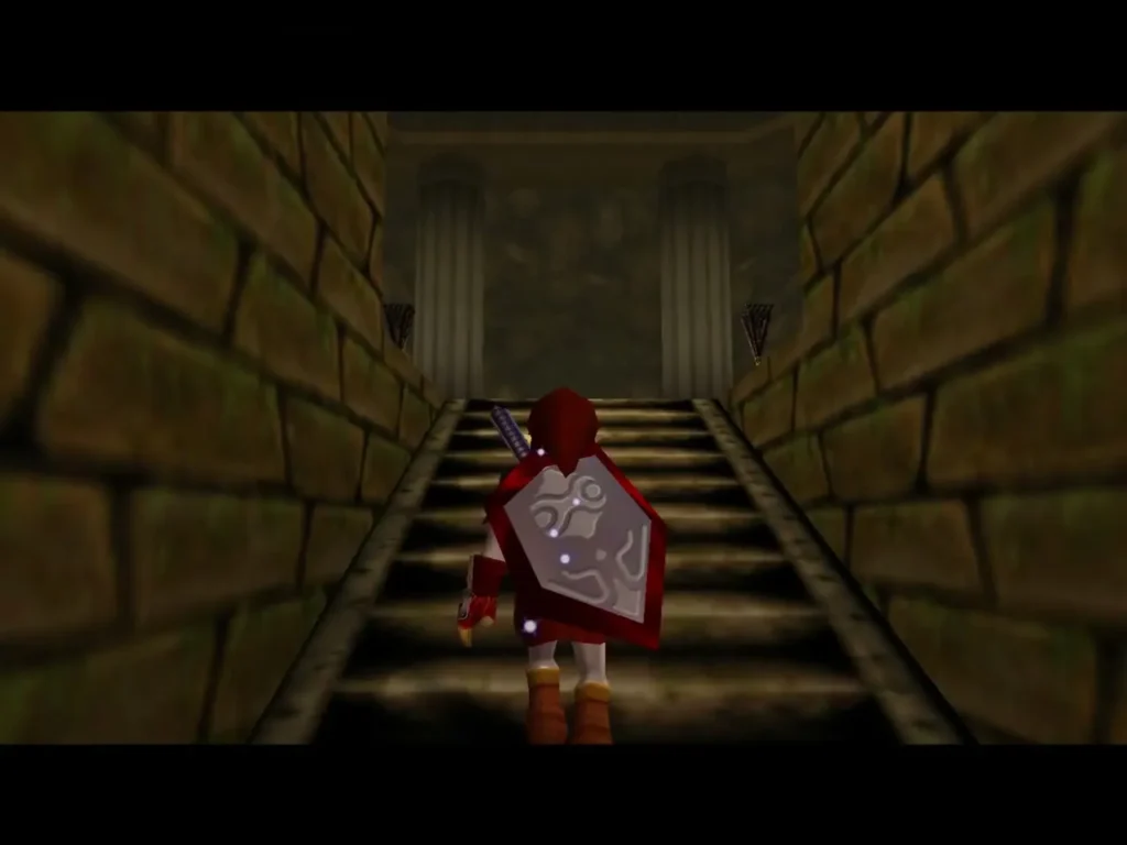Link walking down the stone stairs toward the Gerudo Training Ground Link walking down the stone stairs toward the Gerudo Training Ground