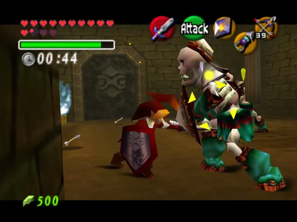 Link battling a Stalfos in the hall with 44 seconds left Link battling a Stalfos in the hall with 44 seconds left