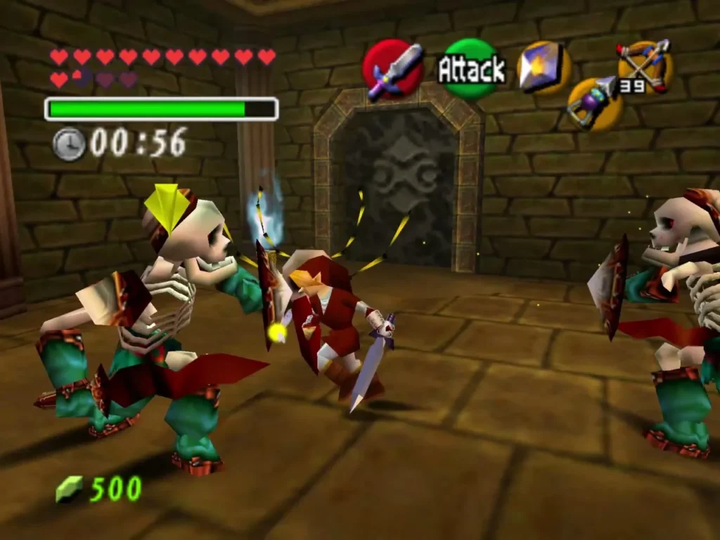 Link fighting two Stalfos in the hall with the one-minute timer running Link fighting two Stalfos in the hall with the one-minute timer running