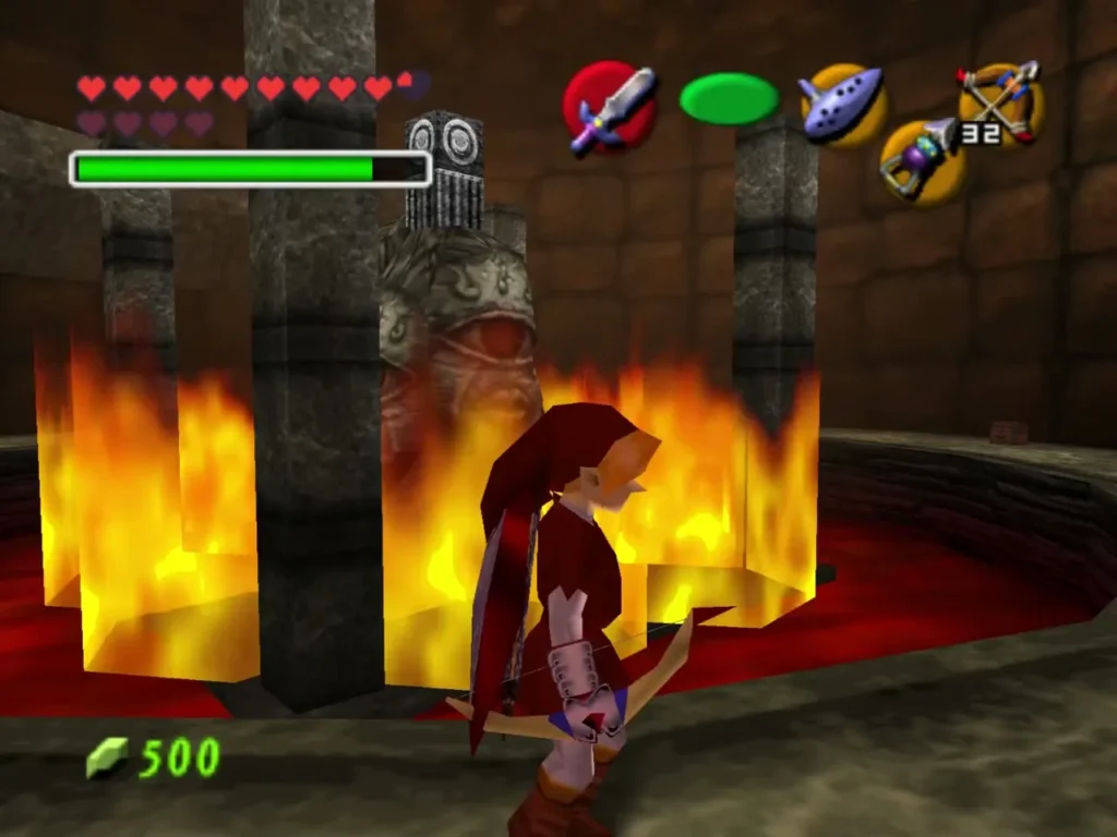 Link standing before fire pillars around a statue in the circular room Link standing before fire pillars around a statue in the circular room