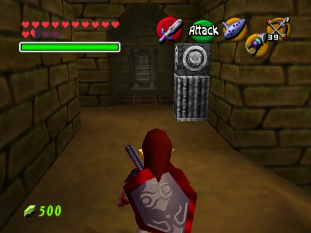 Link walking past the silver statue target beside a flame wall Link walking past the silver statue target beside a flame wall
