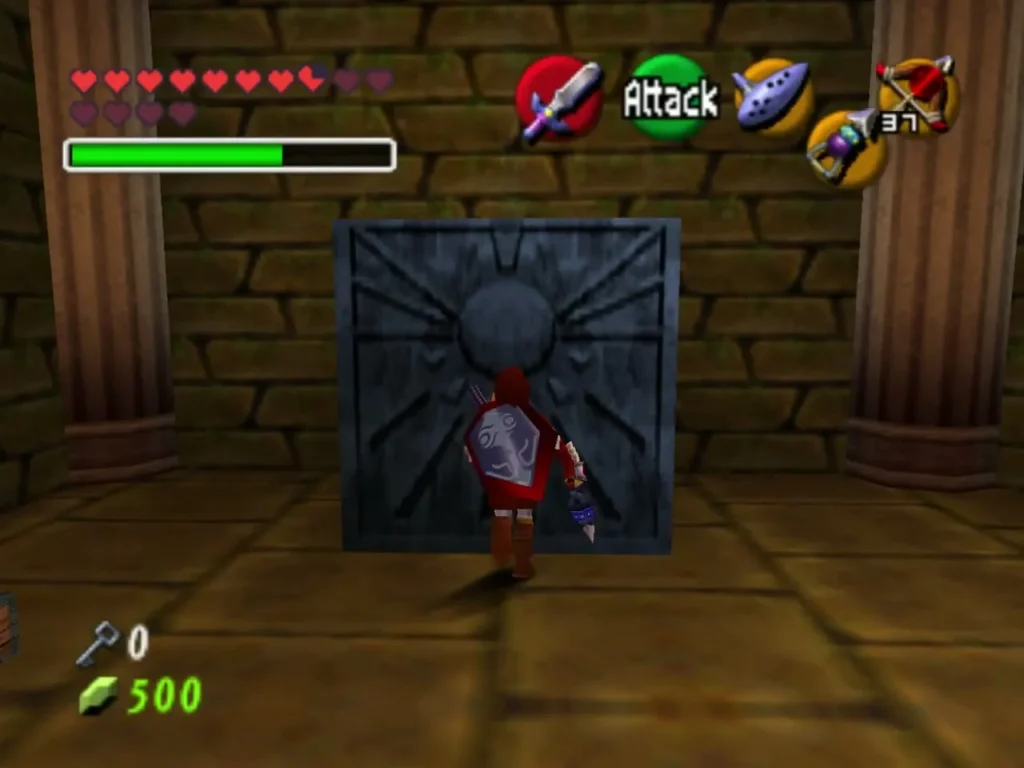 Link standing in front of a gray sun-carved block in the hall, ready to push it aside Link standing in front of a gray sun-carved block in the hall, ready to push it aside
