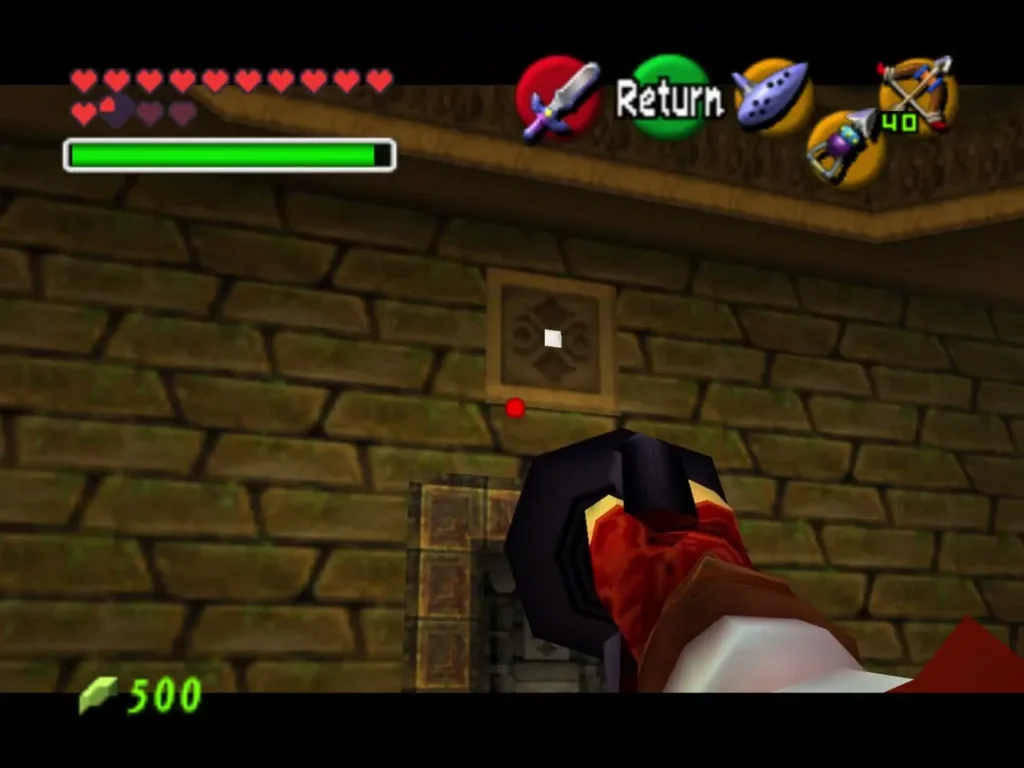 Link aiming his bow at a symbol carved above a doorway Link aiming his bow at a symbol carved above a doorway