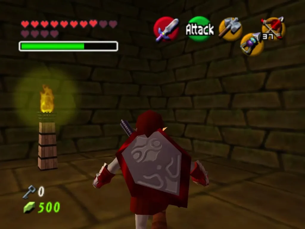 Link walking a stone corridor beside a lit wall torch Link walking a stone corridor beside a lit wall torch