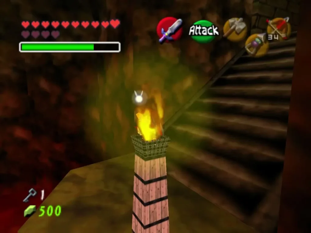 A lit torch on a brick stump at the foot of the lava room stairs A lit torch on a brick stump at the foot of the lava room stairs