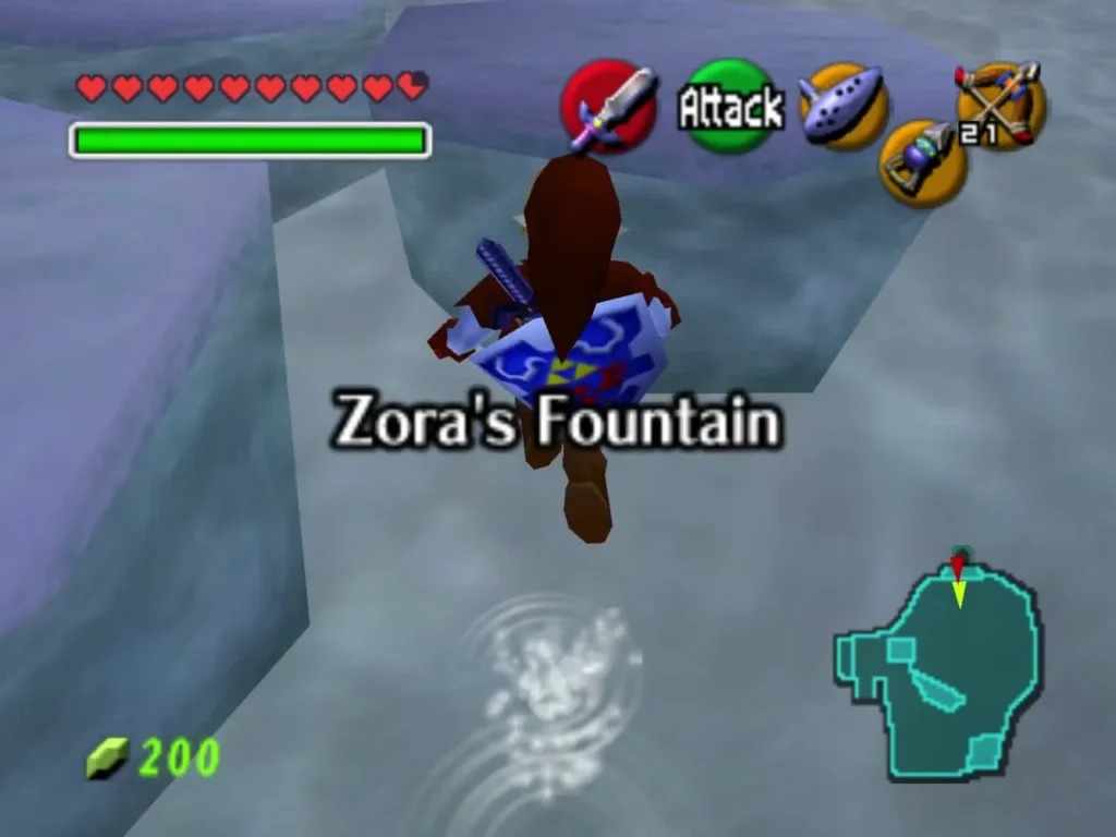 Link standing in the water at Zora's Fountain after leaving the cavern Link standing in the water at Zora's Fountain after leaving the cavern