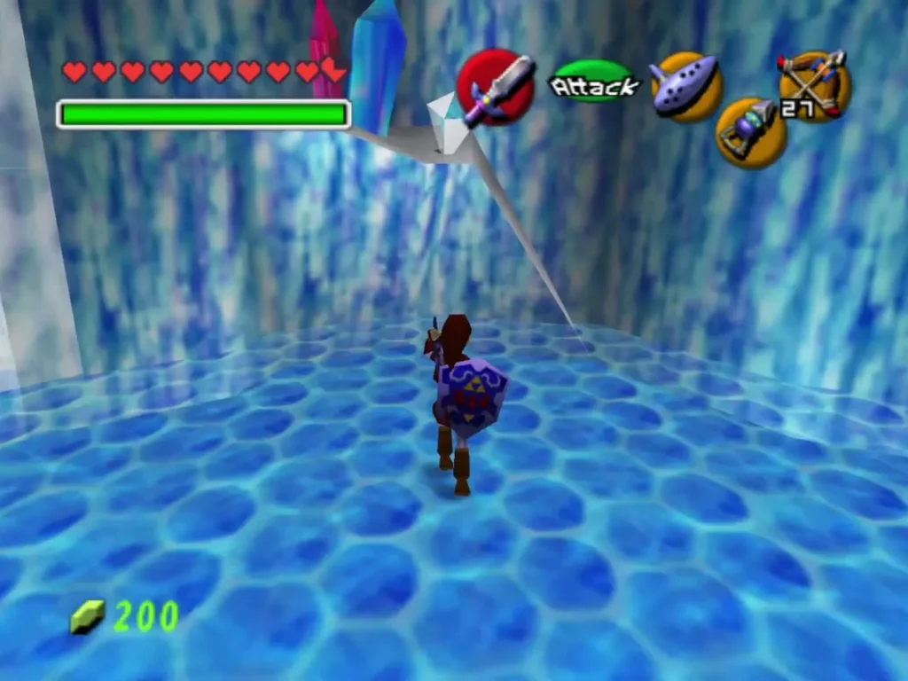 Link in the blue-floored room with the Hookshot chain reaching a crystal Link in the blue-floored room with the Hookshot chain reaching a crystal