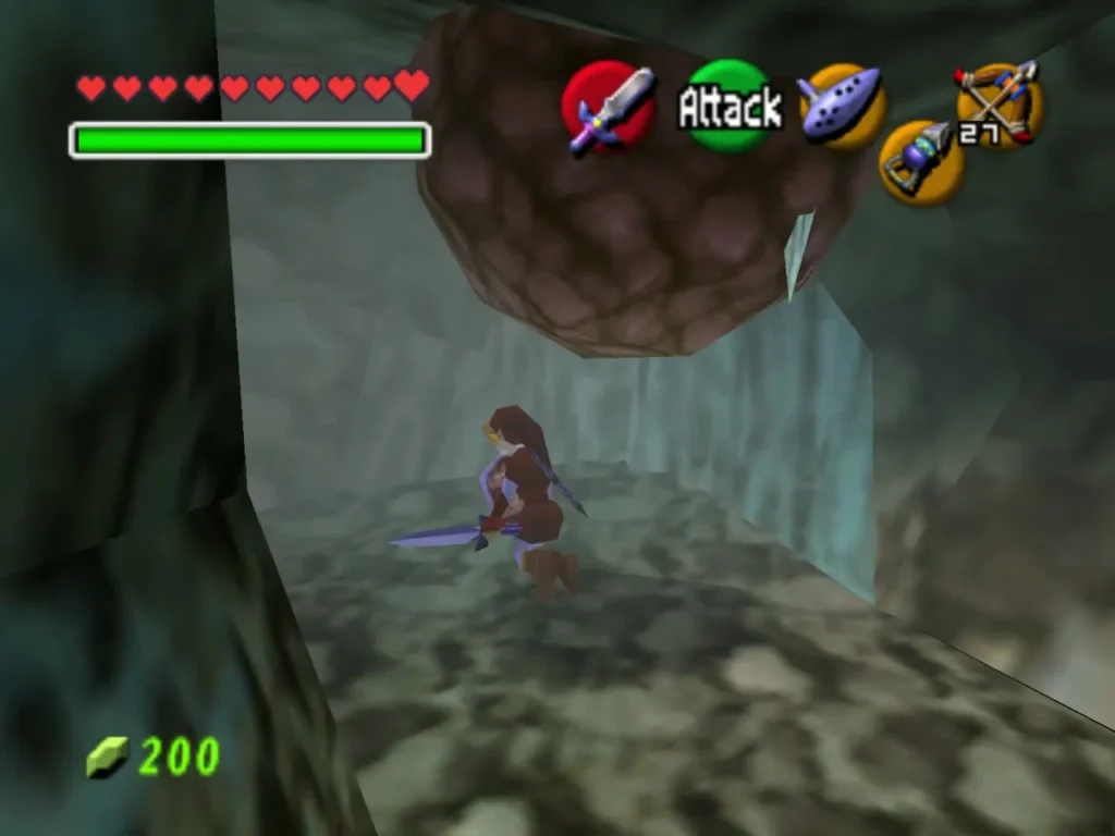 Boulder hanging over a narrow icy passage with Link below Boulder hanging over a narrow icy passage with Link below