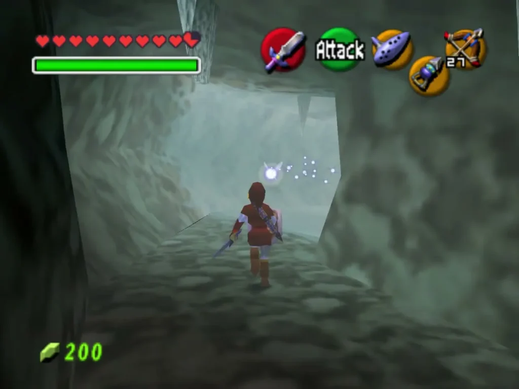 Link walking down an icy cave passage with a fairy ahead Link walking down an icy cave passage with a fairy ahead