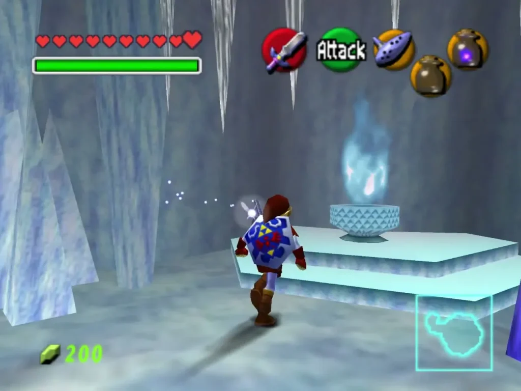 Link beside the Blue Fire on a raised pedestal in the Ice Cavern Link beside the Blue Fire on a raised pedestal in the Ice Cavern