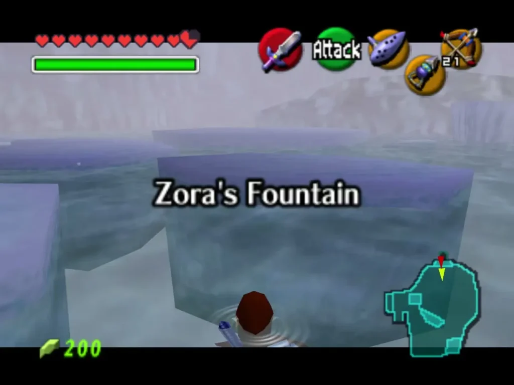 Link climbing onto a ledge at Zora's Fountain beneath the area name banner Link climbing onto a ledge at Zora's Fountain beneath the area name banner