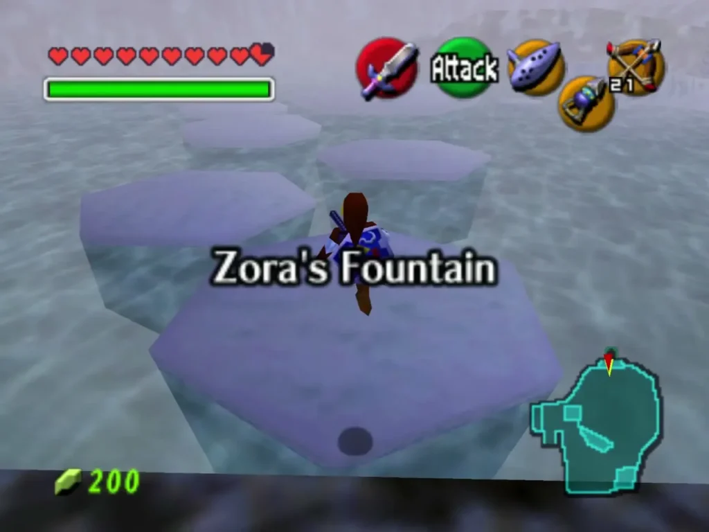 Link on the icy ground near Zora's Fountain by the area name banner Link on the icy ground near Zora's Fountain by the area name banner
