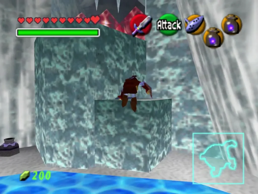 Link standing on an ice block above the water in the Ice Cavern Link standing on an ice block above the water in the Ice Cavern
