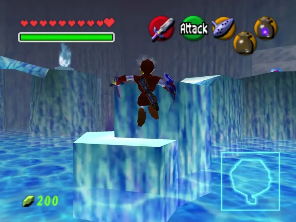 Link leaping across ice blocks over blue water in the Ice Cavern Link leaping across ice blocks over blue water in the Ice Cavern