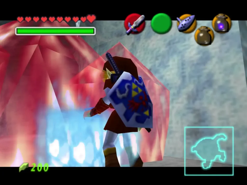 Link holding Blue Fire against red ice in Ice Cavern, melting the crystal Link holding Blue Fire against red ice in Ice Cavern, melting the crystal