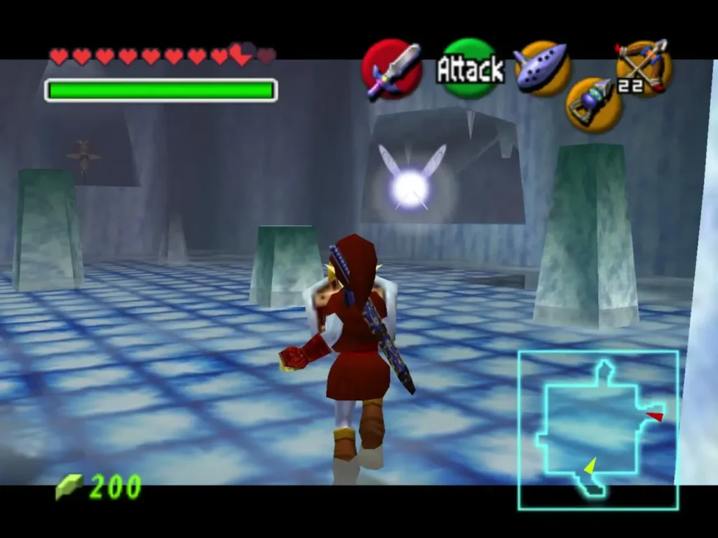 Link facing a glowing switch on the far wall of a blue-floored Ice Cavern room Link facing a glowing switch on the far wall of a blue-floored Ice Cavern room
