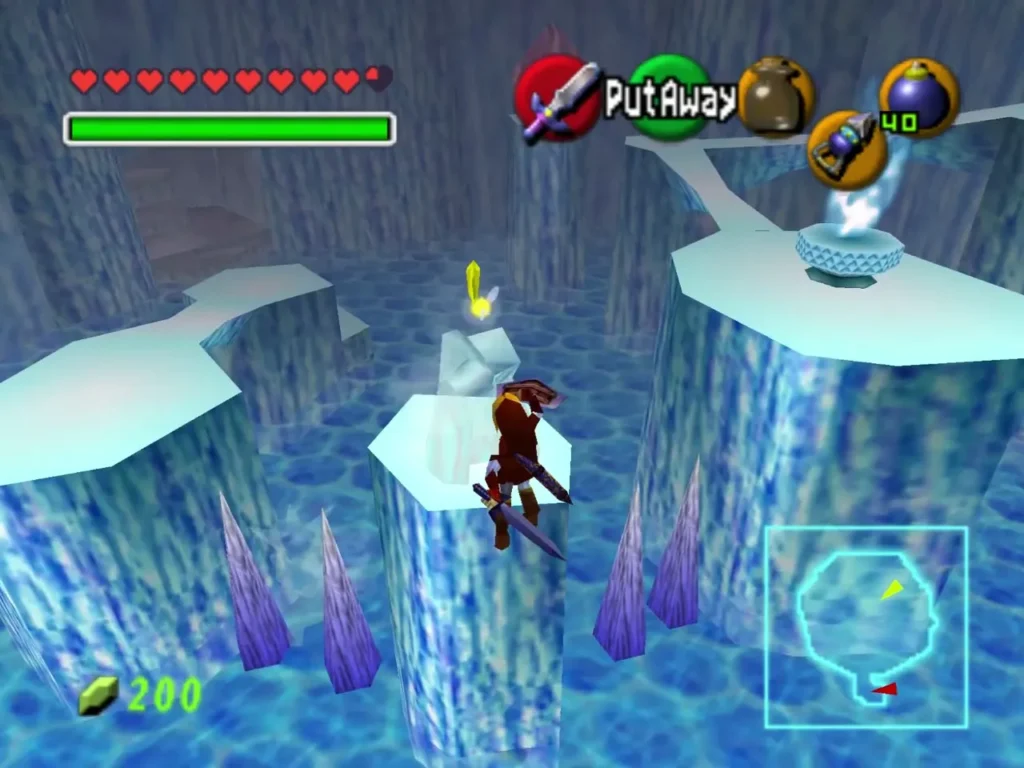 Link on an ice pillar with the Blue Fire basin on a platform above in Ice Cavern Link on an ice pillar with the Blue Fire basin on a platform above in Ice Cavern