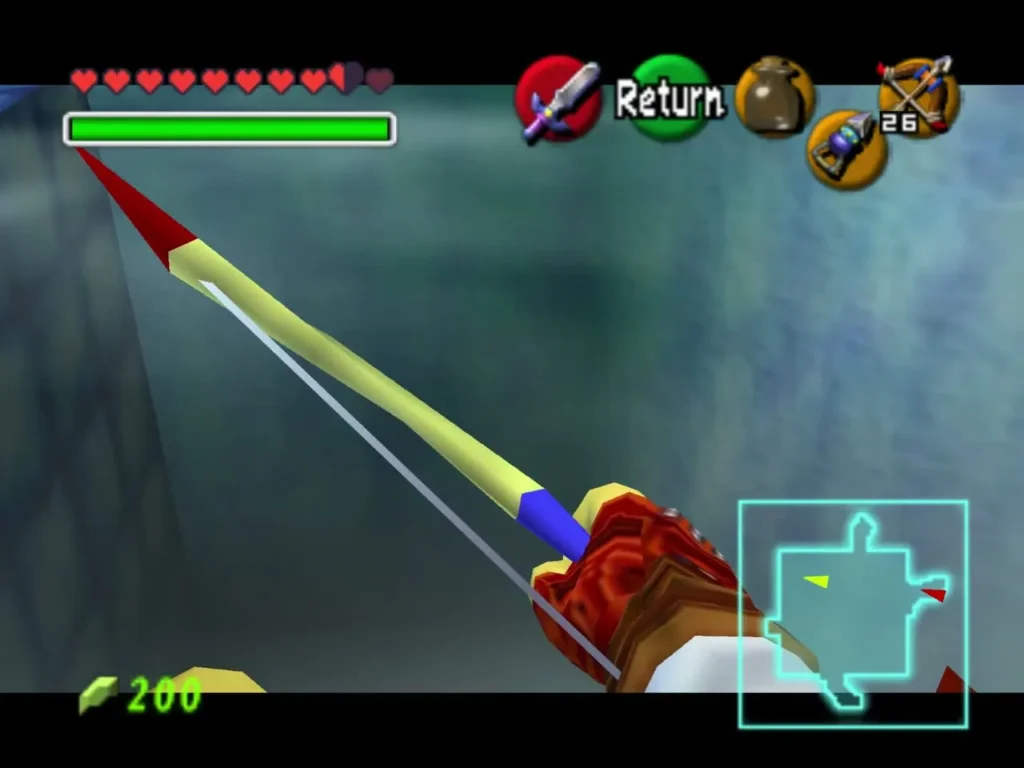 Link drawing the Fairy Bow to aim down a corridor in Ice Cavern Link drawing the Fairy Bow to aim down a corridor in Ice Cavern