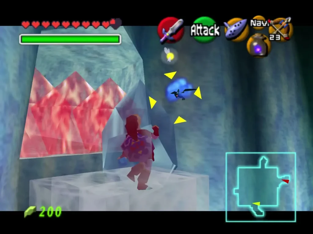Link targeting a Gold Skulltula hanging in an ice wall in Ice Cavern Link targeting a Gold Skulltula hanging in an ice wall in Ice Cavern