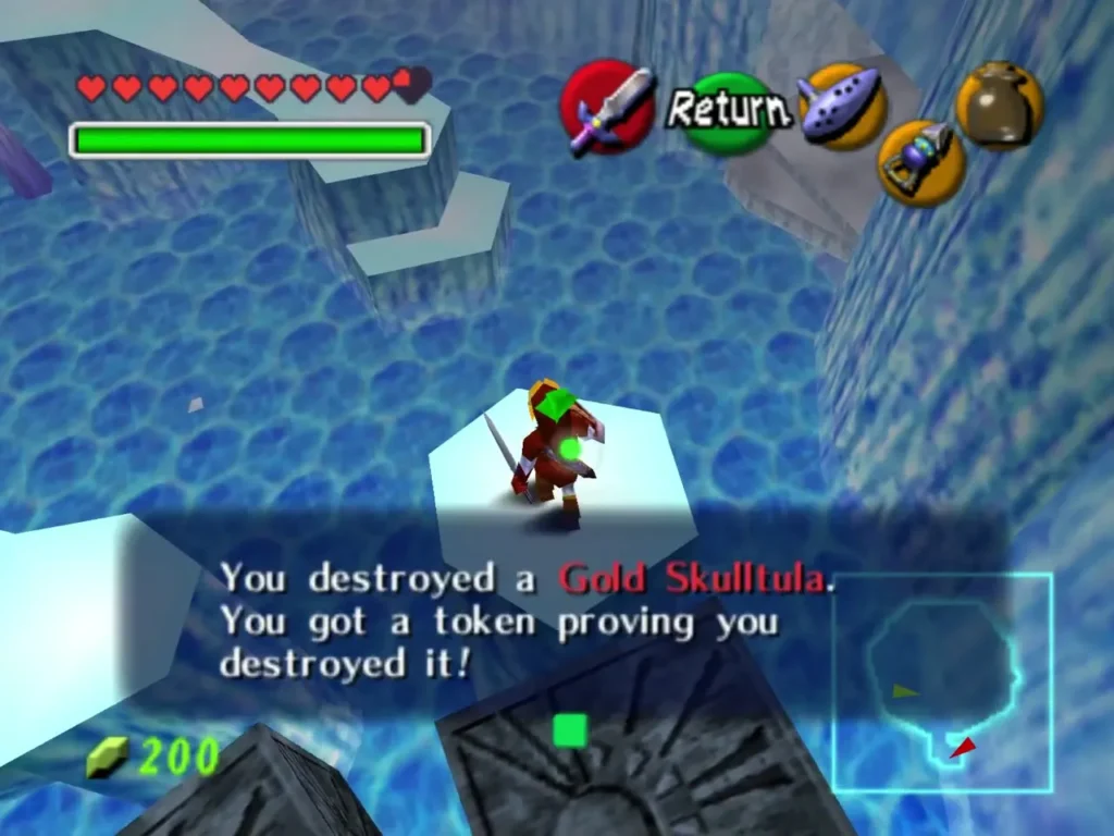 Link holding up a Gold Skulltula token in the You got a token message box Link holding up a Gold Skulltula token in the You got a token message box
