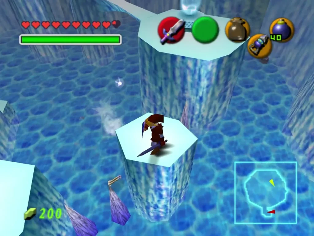 Link standing on a hexagonal ice platform in the Ice Cavern pillar area, basin above Link standing on a hexagonal ice platform in the Ice Cavern pillar area, basin above