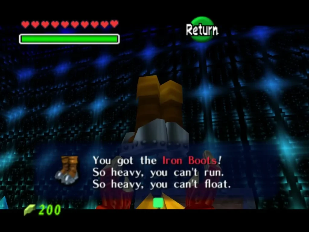 Link holding up the Iron Boots with the You got the Iron Boots message box Link holding up the Iron Boots with the You got the Iron Boots message box