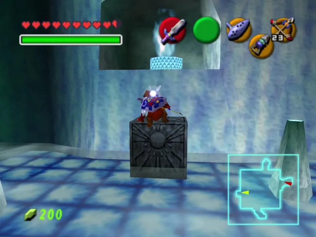 Link standing on a stone Time block in an Ice Cavern room with a Blue Fire basin above Link standing on a stone Time block in an Ice Cavern room with a Blue Fire basin above