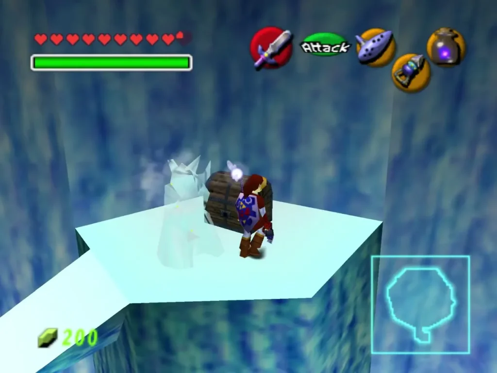 Link beside a wooden chest on a white ice platform in the Ice Cavern pillar room Link beside a wooden chest on a white ice platform in the Ice Cavern pillar room