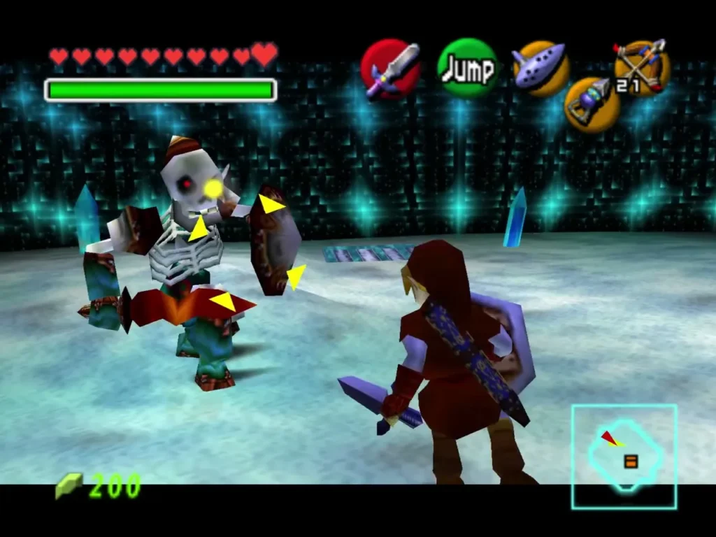 Link fighting a Stalfos mini-boss with its shield raised in Ice Cavern Link fighting a Stalfos mini-boss with its shield raised in Ice Cavern