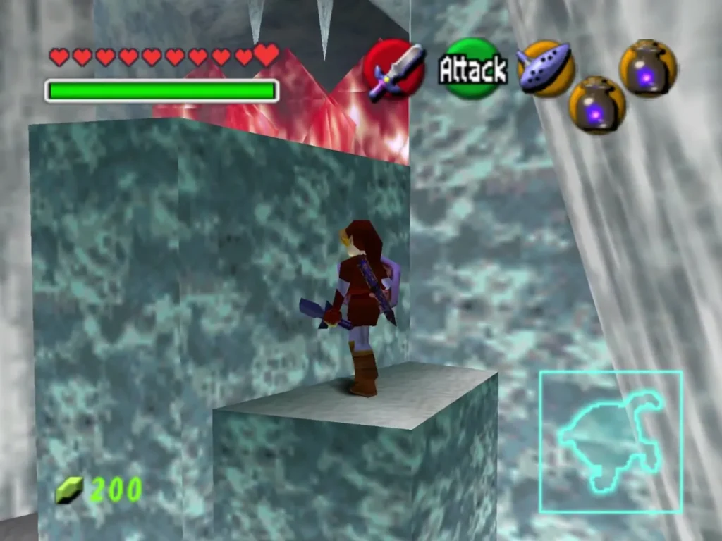 Link standing on a stone block ledge in an ice cavern room with red ice behind Link standing on a stone block ledge in an ice cavern room with red ice behind