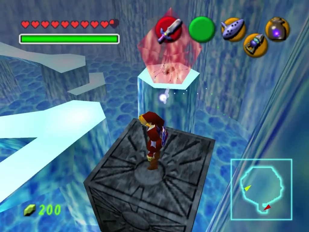 Link standing on a summoned Time block on a stone crest in Ice Cavern Link standing on a summoned Time block on a stone crest in Ice Cavern