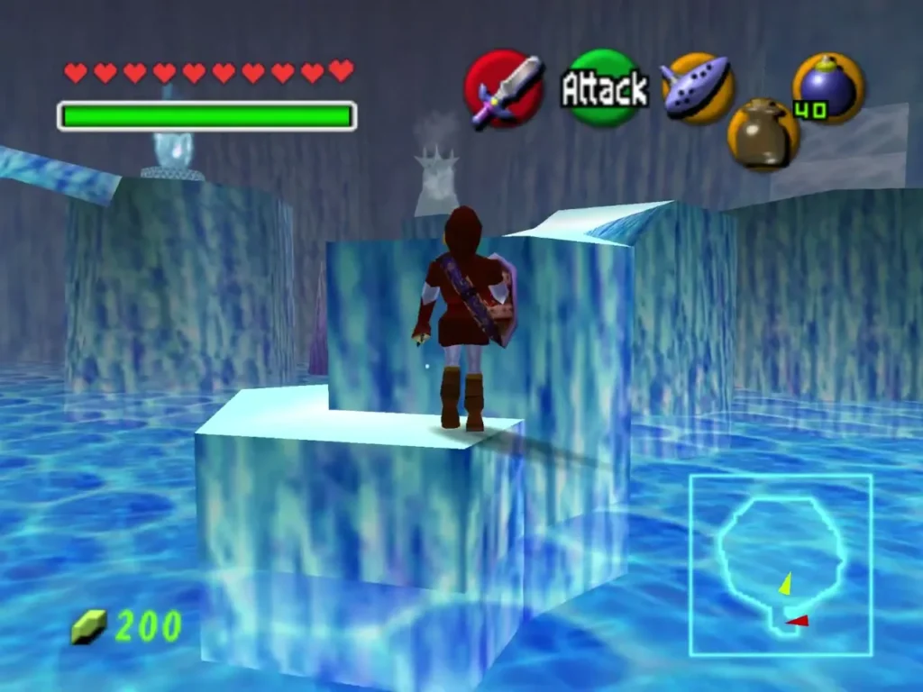 Link standing on a white ice block rising from blue water in Ice Cavern Link standing on a white ice block rising from blue water in Ice Cavern