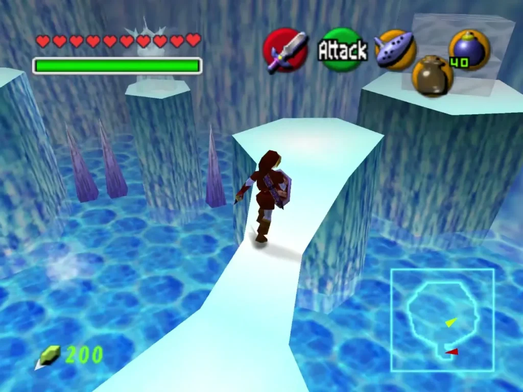 Link walking along a narrow white ice bridge over blue water in Ice Cavern Link walking along a narrow white ice bridge over blue water in Ice Cavern