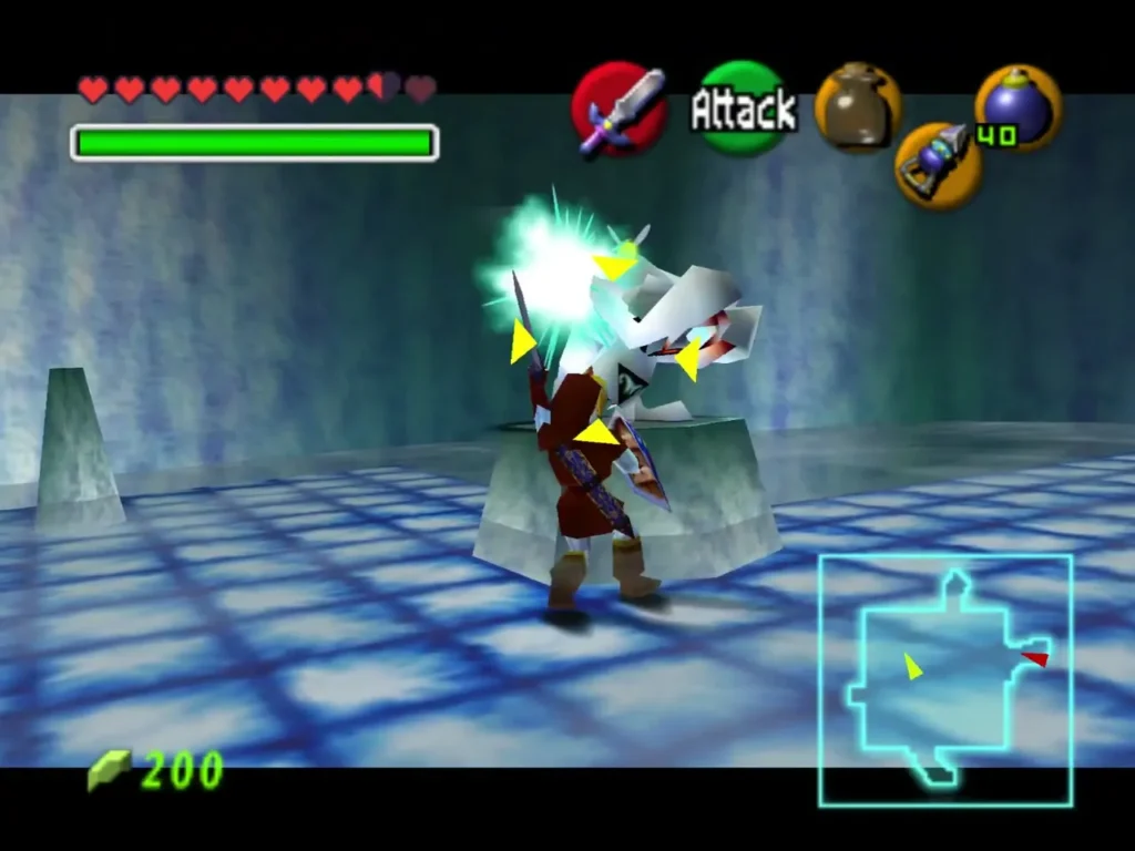 Link striking a White Wolfos beside a pillar in the tiled hall of Ice Cavern Link striking a White Wolfos beside a pillar in the tiled hall of Ice Cavern