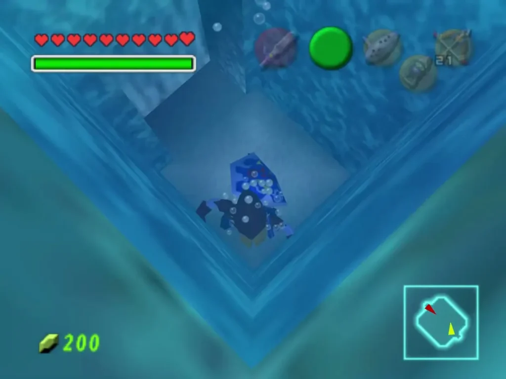 Link sinking underwater in a flooded ice passage while wearing the Iron Boots Link sinking underwater in a flooded ice passage while wearing the Iron Boots