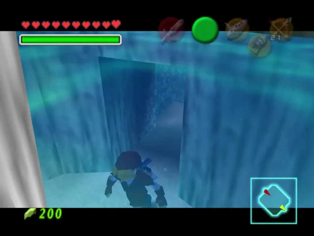 Link walking underwater through an ice tunnel with the Iron Boots on Link walking underwater through an ice tunnel with the Iron Boots on