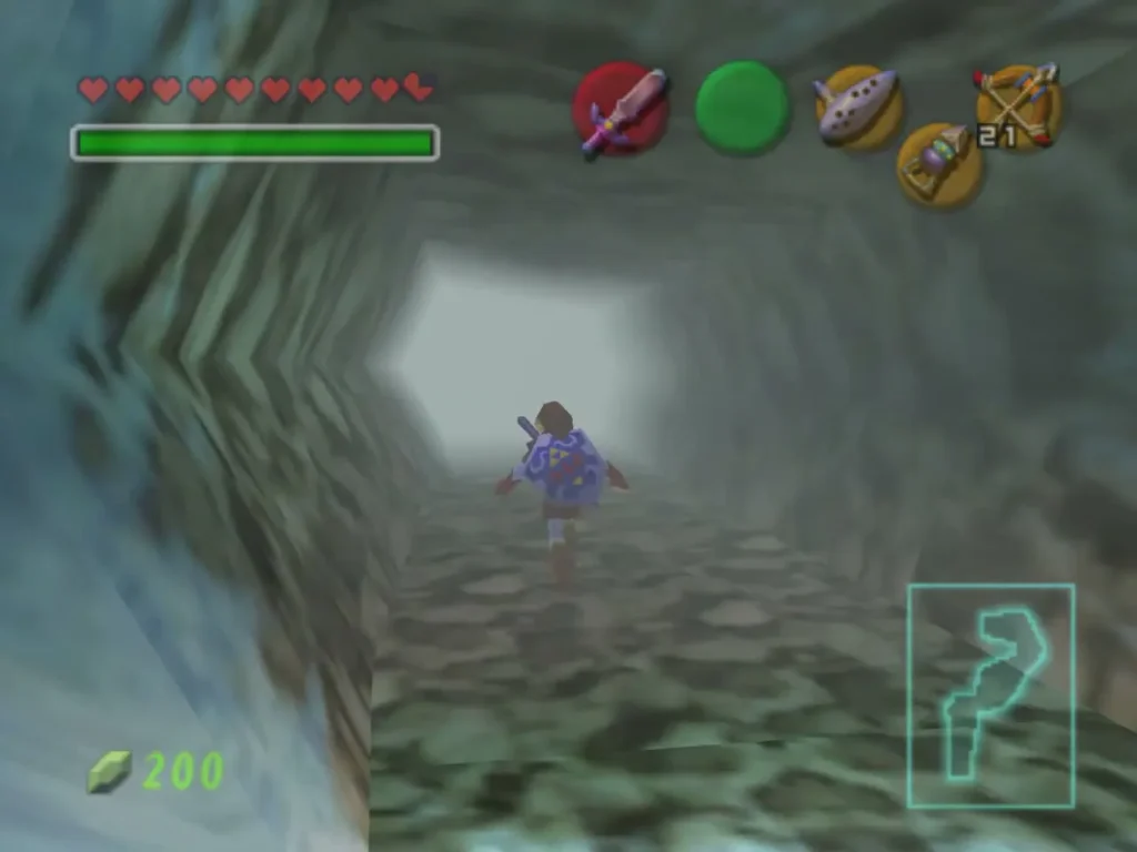 Link running out through the cavern entrance tunnel toward daylight Link running out through the cavern entrance tunnel toward daylight