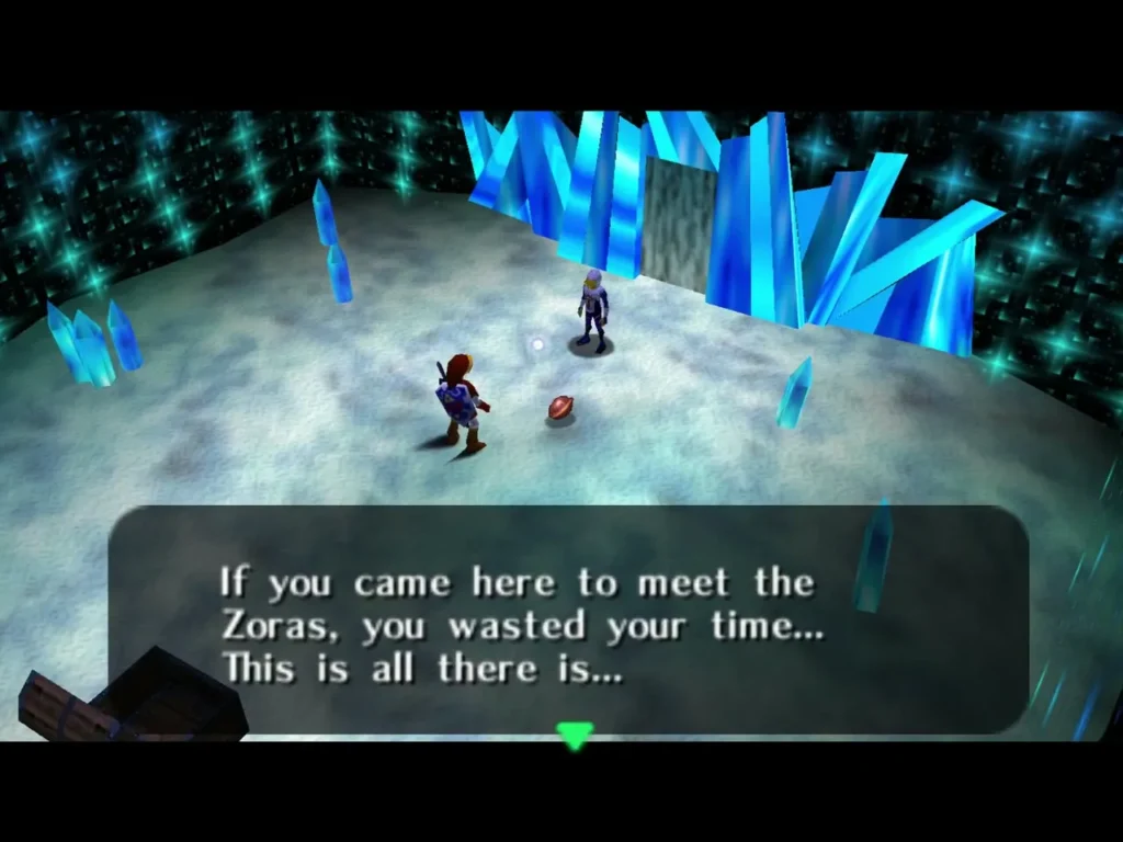 Sheik standing in the ice cavern as her first message appears on screen Sheik standing in the ice cavern as her first message appears on screen