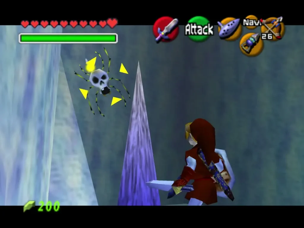 Skulltula hanging on the icy wall as Link stands ready with his sword Skulltula hanging on the icy wall as Link stands ready with his sword