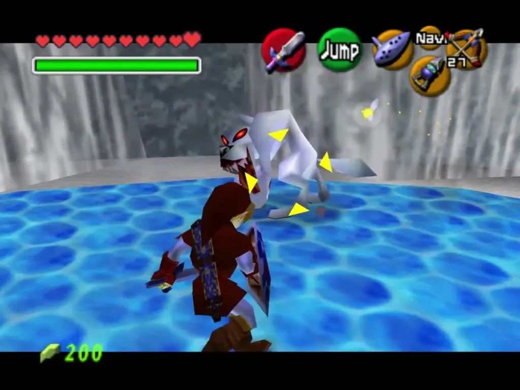 White Wolfos lunging at Link, who holds his shield up on the blue water floor White Wolfos lunging at Link, who holds his shield up on the blue water floor