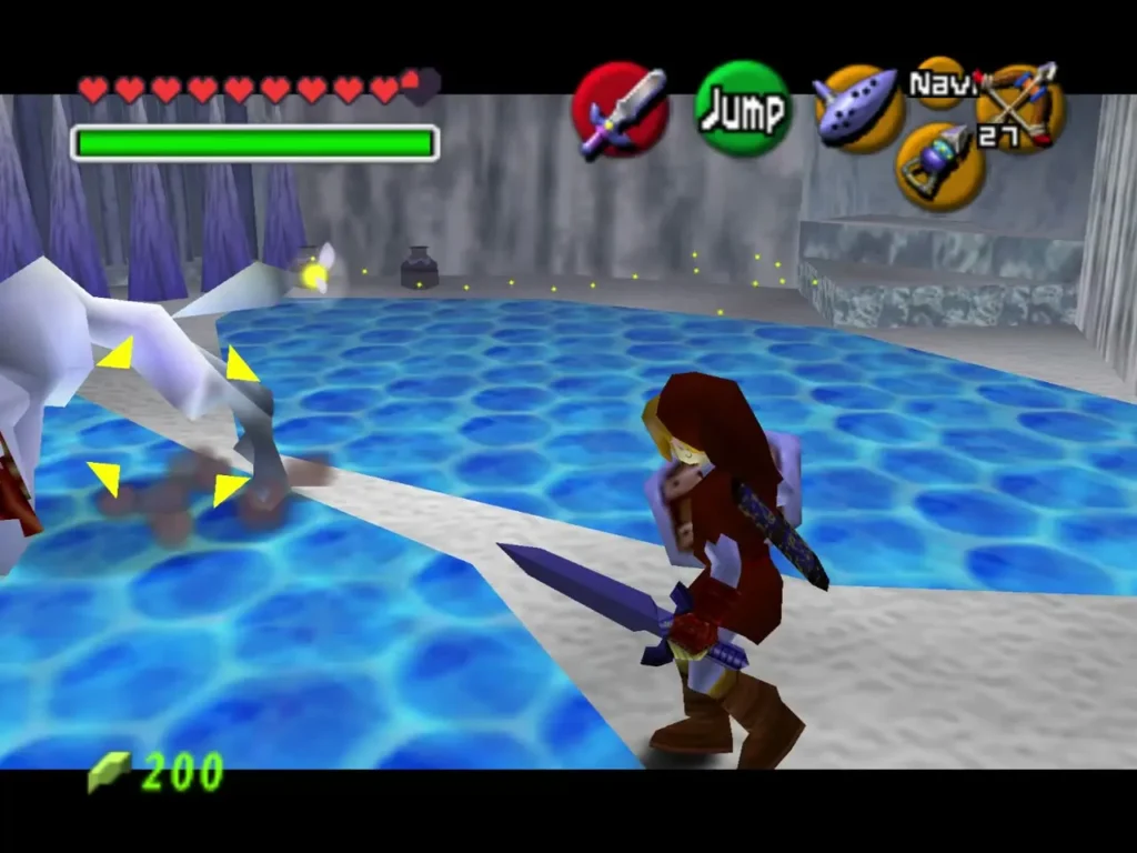 Link striking a White Wolfos with his sword in the blue-floored room Link striking a White Wolfos with his sword in the blue-floored room